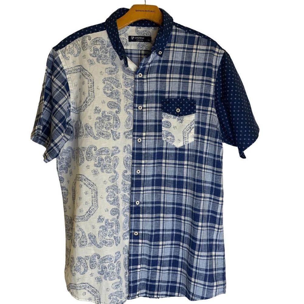 Cremieux Collection Mens size Large Blue white paisley linen Button up shirt top